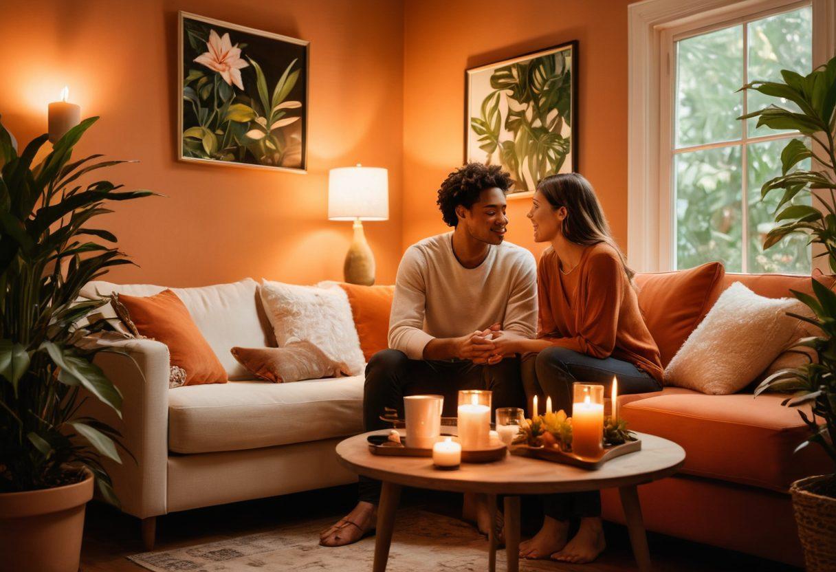 A warm, intimate scene depicting two people engaged in a deep conversation, surrounded by soft lighting and cozy decor. Elements like candles, a coffee table with shared treats, and personal mementos create a sense of connection. The background features lush plants and artworks that symbolize passion and bonding. warm color palette. soft focus. painting.