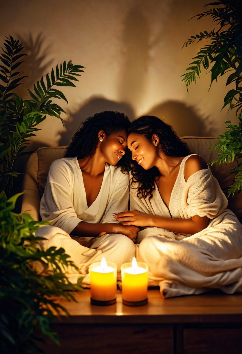 A warm, cozy scene of a couple in an intimate conversation, surrounded by soft candlelight and lush plants, conveying affection and sensuality. Include subtle visual cues like intertwined hands and gentle smiles to represent connection. Background elements like a soft couch and a blanket enhance the atmosphere of intimacy. Emphasize rich, warm colors to evoke feelings of love and comfort. super-realistic. vibrant colors.
