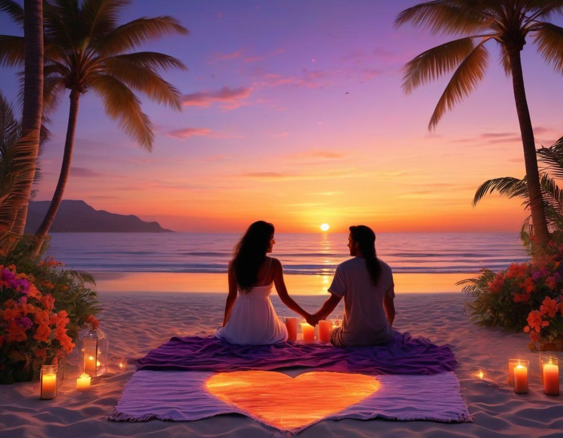 A romantic sunset beach scene with a couple holding hands, surrounded by tropical flowers and soft candlelight. The sky is a blend of vibrant oranges and purples, reflecting love and passion. Include a cozy picnic setup with a heart-shaped blanket and a bottle of wine. Super-realistic. Warm colors. Dreamy atmosphere.